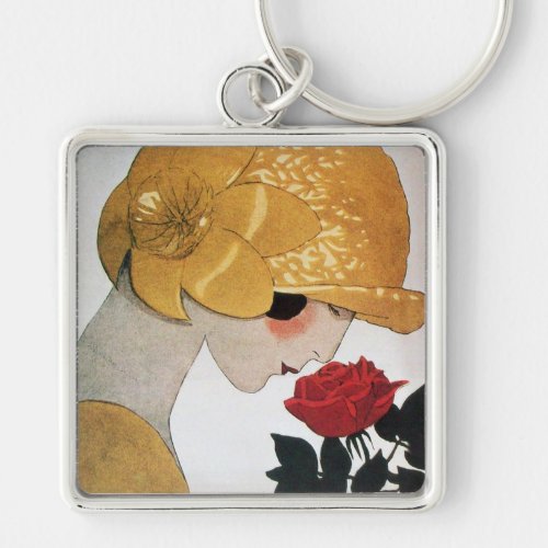 LADY WITH RED ROSE KEYCHAIN