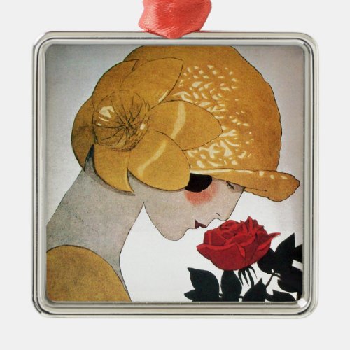 LADY WITH RED ROSE METAL ORNAMENT
