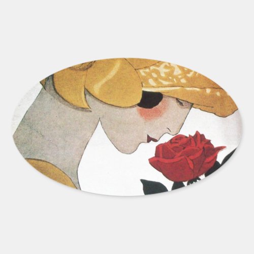 LADY WITH RED ROSE OVAL STICKER