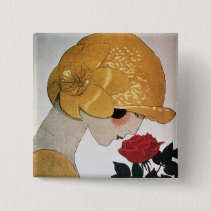 LADY WITH RED ROSE PINBACK BUTTON