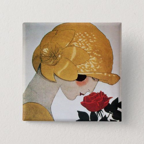 LADY WITH RED ROSE PINBACK BUTTON