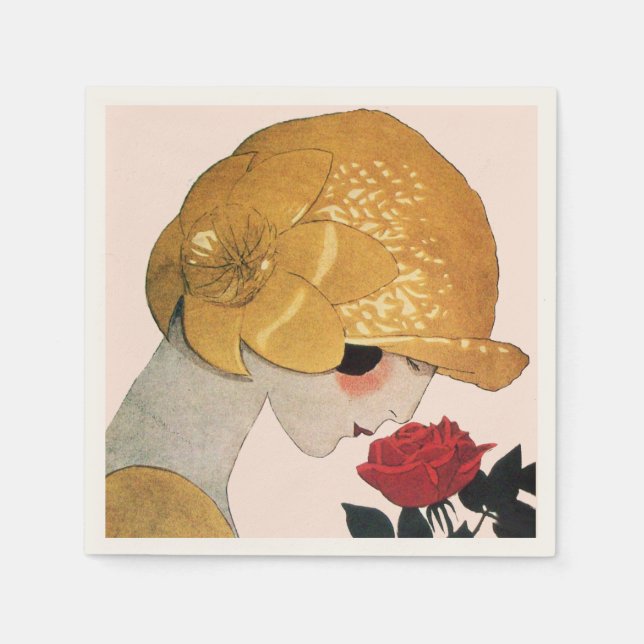 LADY WITH RED ROSE ,Pink Paper Napkins (Front)