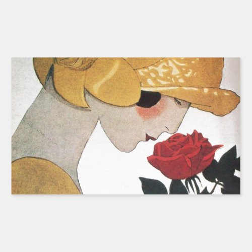 LADY WITH RED ROSE RECTANGULAR STICKER
