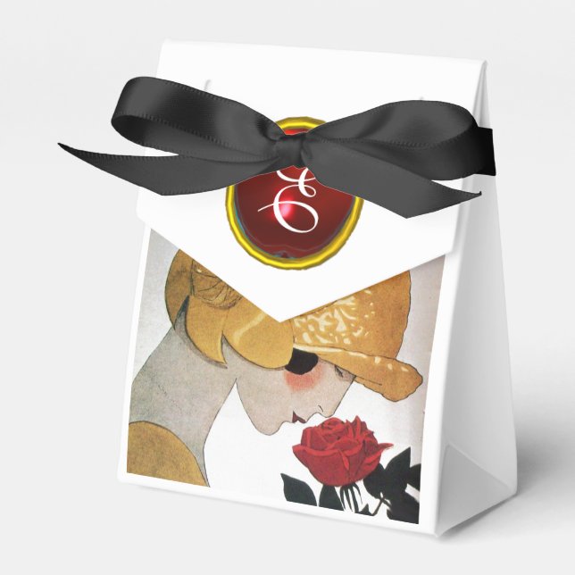 LADY WITH RED ROSE RUBY GEM STONE MONOGRAM FAVOR BOXES (Front Side)