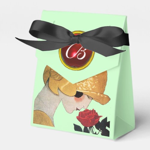 LADY WITH RED ROSE RUBY GEM STONE MONOGRAM Green Favor Boxes