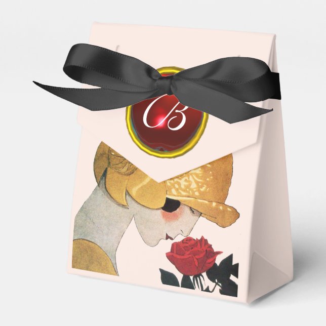 LADY WITH RED ROSE RUBY GEM STONE MONOGRAM ,Pink Favor Boxes (Front Side)