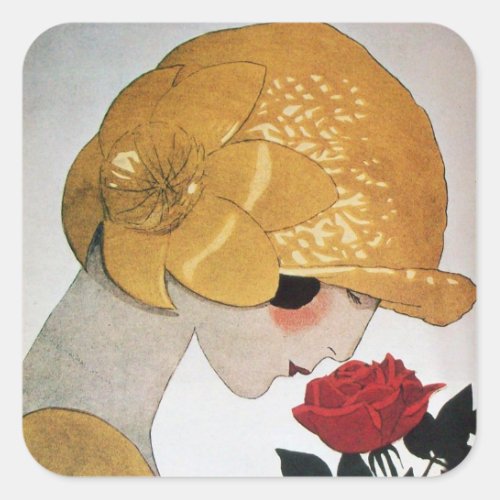 LADY WITH RED ROSE SQUARE STICKER