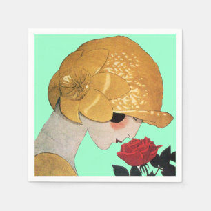 LADY WITH RED ROSE ,Teal Turquoise Paper Napkins