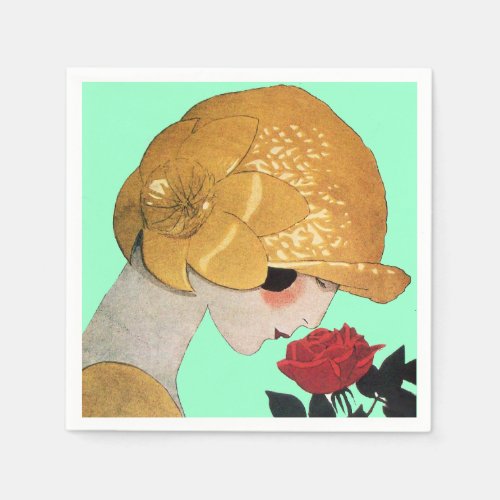 LADY WITH RED ROSE Teal Turquoise Paper Napkins