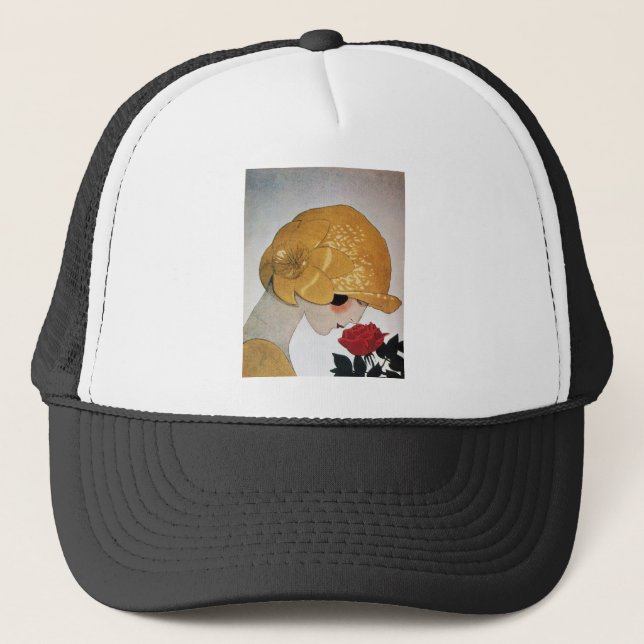 LADY WITH RED ROSE TRUCKER HAT (Front)
