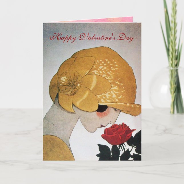 LADY WITH RED ROSE Valentine's Day Holiday Card (Front)