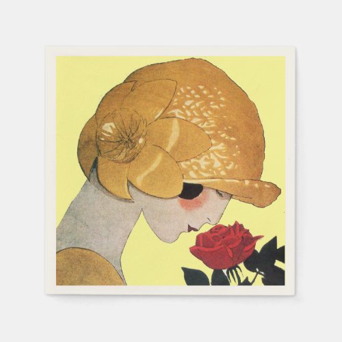 LADY WITH RED ROSE Yellow Paper Napkins