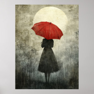 Lady with Red Umbrella – Surreal Silhouette Art Poster