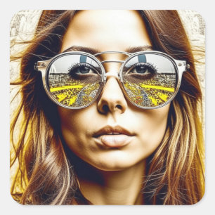 Lady with Reflection in her Sunglasses Ai Art Square Sticker