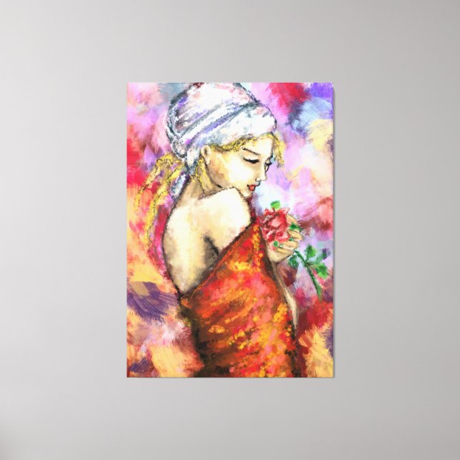 Lady with Rose - Abstract Woman Original Painting Canvas Print (Front)