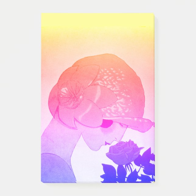 LADY WITH ROSE Pink Blue Yellow Beauty Fashion Post-it Notes (Front)