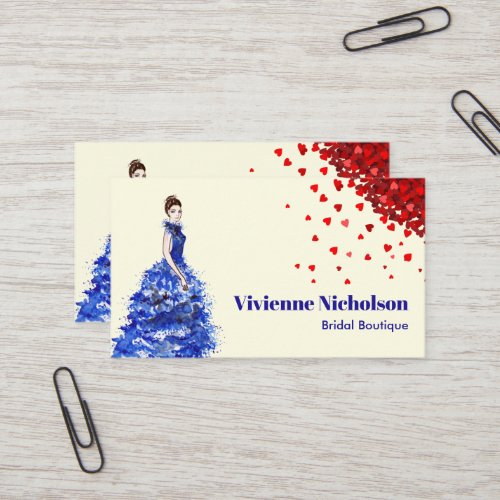 Lady with Sparkly Blue Ballgown Red Heart Confetti Business Card