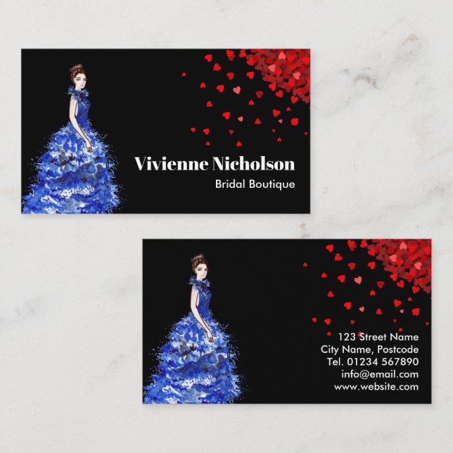 Lady with Sparkly Blue Ballgown Red Heart Confetti Business Card (Front/Back)