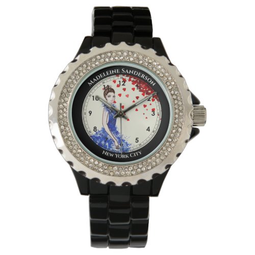 Lady with Sparkly Blue Gown Fashion Red Hearts Watch