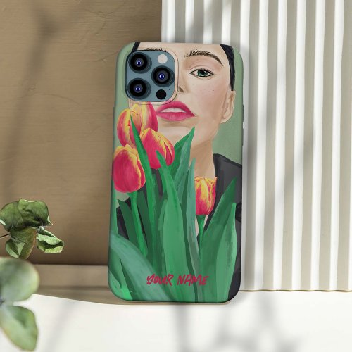 Lady With Tulip Green  Orange Elegant Print Case_ iPhone 13 Case