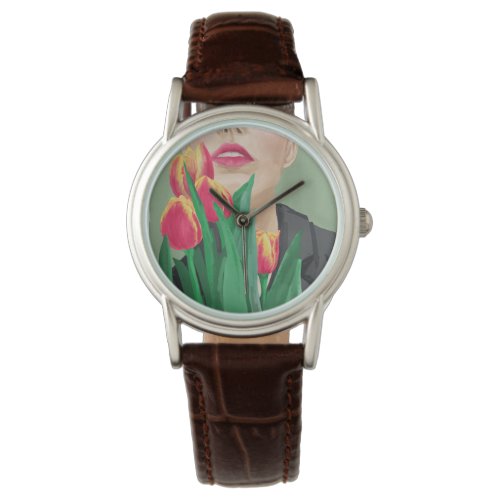 Lady With Tulip Green  Orange Modern Graphic  Watch