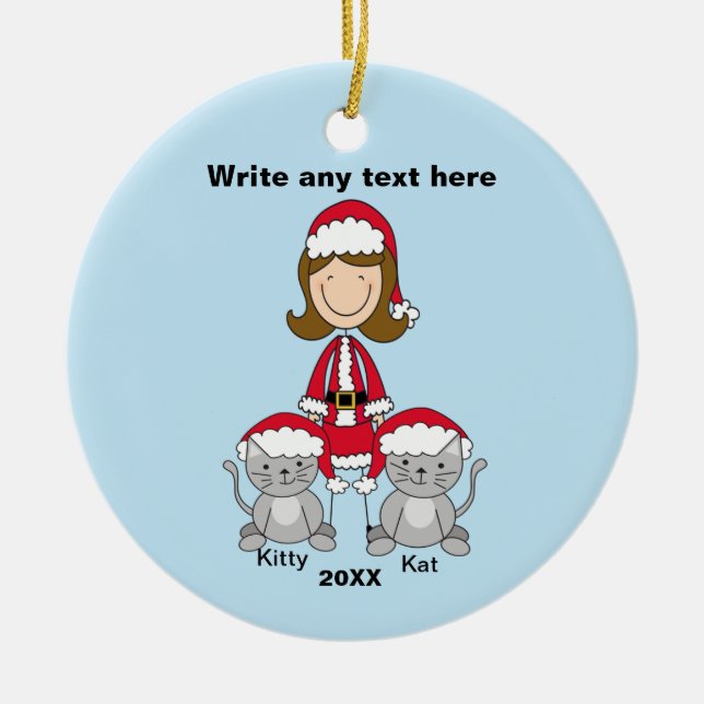 Lady With Two Cats Christmas Ornament (Front)