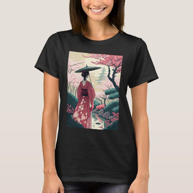 Lady with Umbrella cherry Blossom Garden Japanese  T-Shirt (Front)