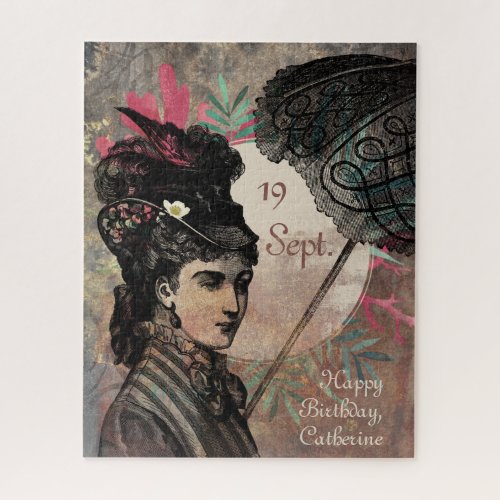 Lady with umbrella floral rust custom steampunk jigsaw puzzle