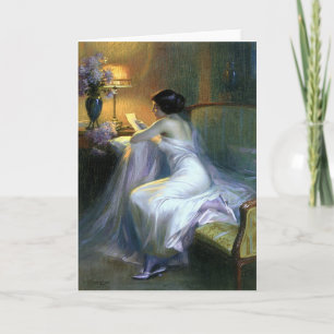 lady woman reading letter antique painting art card