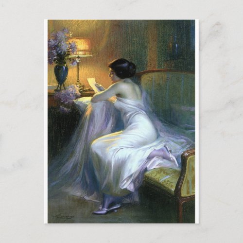 lady woman reading letter antique painting art postcard