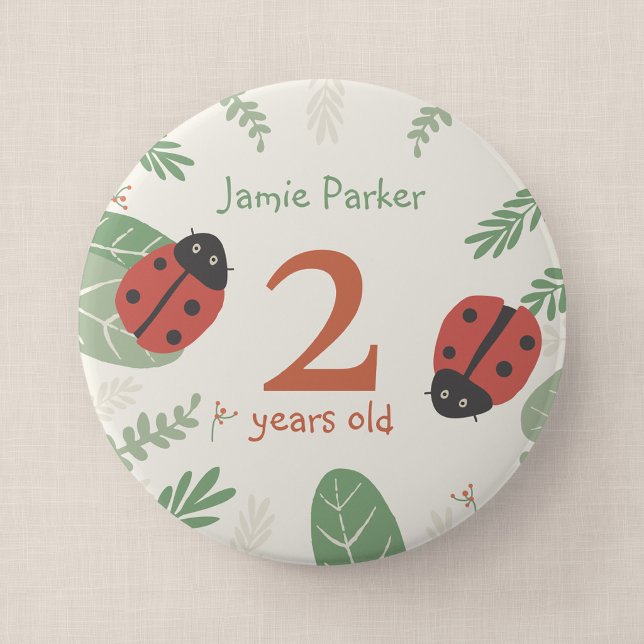 Ladybird Birthday Badge with Custom Name and Age Button (Ladybird Meadow - 4" Big Birthday Button Badge)