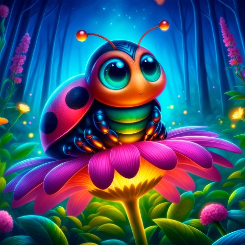 Ladybird bug flowers neon forest colorful magic poster