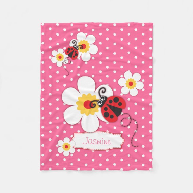 Ladybird ladybug flowers graphic pink name blanket (Front)