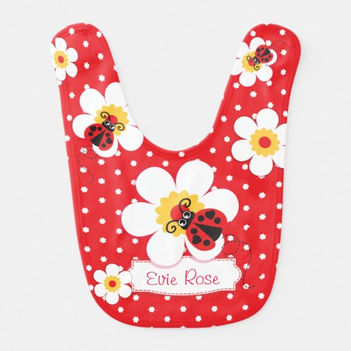 Ladybird ladybug flowers graphic red name girls baby bib