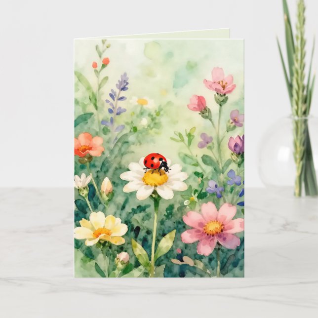 Ladybird Ladybug In a garden of Flowers Card (Front)
