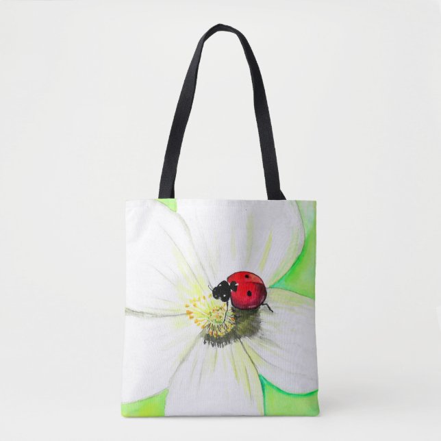 Ladybird on a White Flower Painting Tote Bag (Front)
