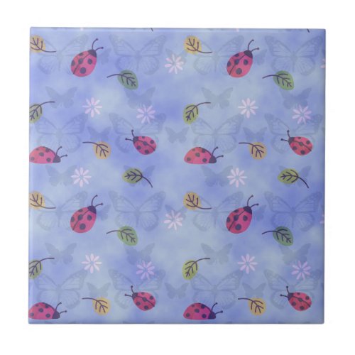 Ladybirds and Falling Leaves Blue Pattern Ceramic Tile