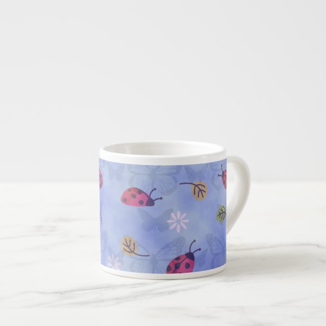 Ladybirds and Falling Leaves Blue Pattern Espresso Cup (Front Right)