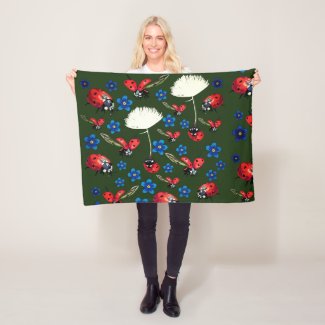 Ladybirds Blue flowers  Fleece Blanket