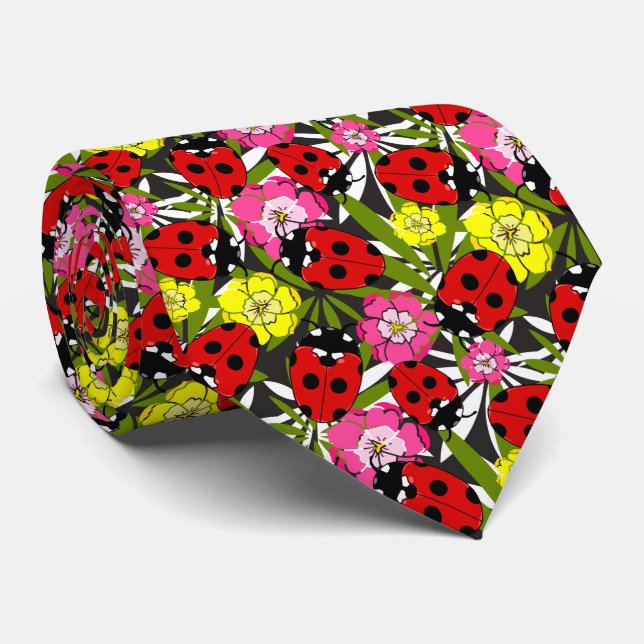 Ladybirds Lady Beetles and Flowers Gardener's Neck Tie (Rolled)