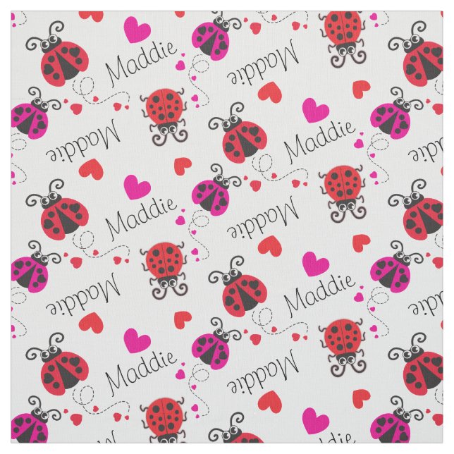 Ladybirds ladybugs red pink custom name pattern fabric (Swatch)