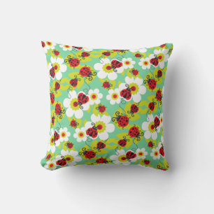 Ladybirds / ladybugs red teal green & white pillow
