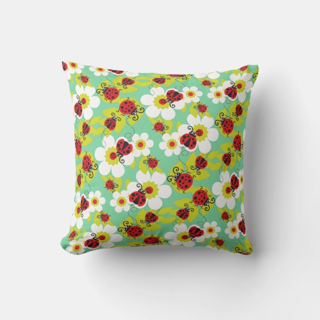 Ladybirds / ladybugs red teal green & white pillow (Front)