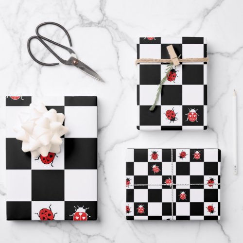 Ladybirds on a chess board wrapping paper sheets