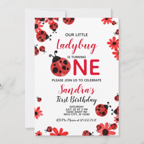 Ladybug 1st Baby Girl Birthday Invitation