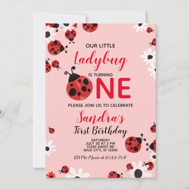 Ladybug 1st Baby Girl Birthday Invitation (Front)