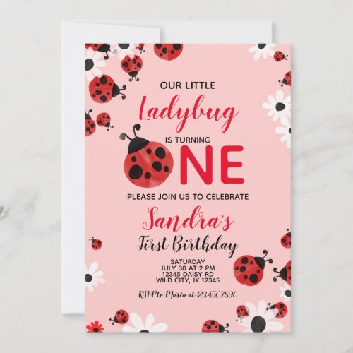 Ladybug 1st Baby Girl Birthday Invitation