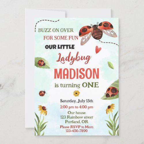 Ladybug 1st birthday invitation Girl love bug lady