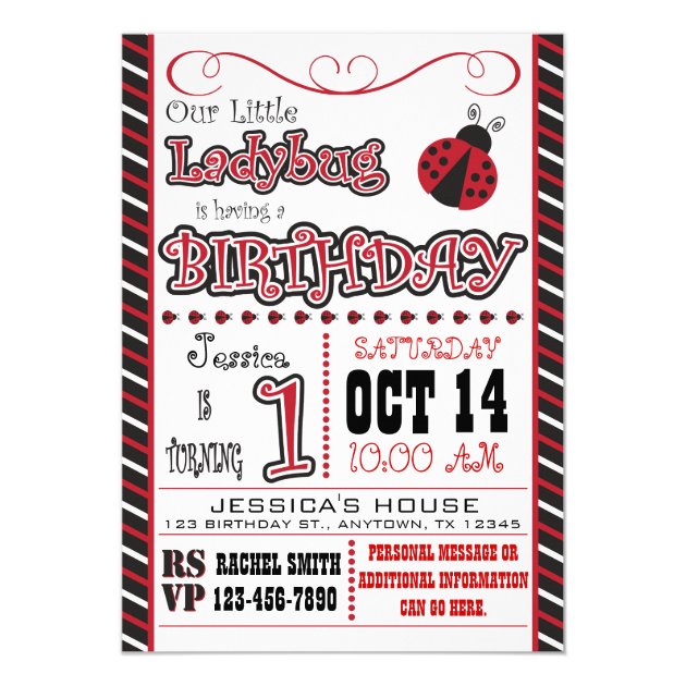 Ladybug 1st Birthday Invitations