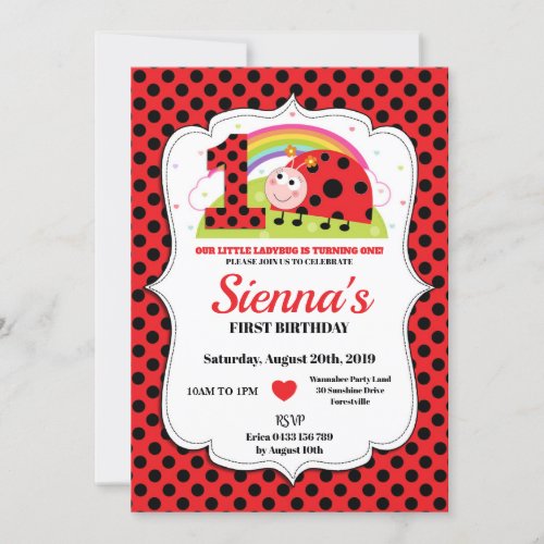 Ladybug 1st Birthday Invitations Girl